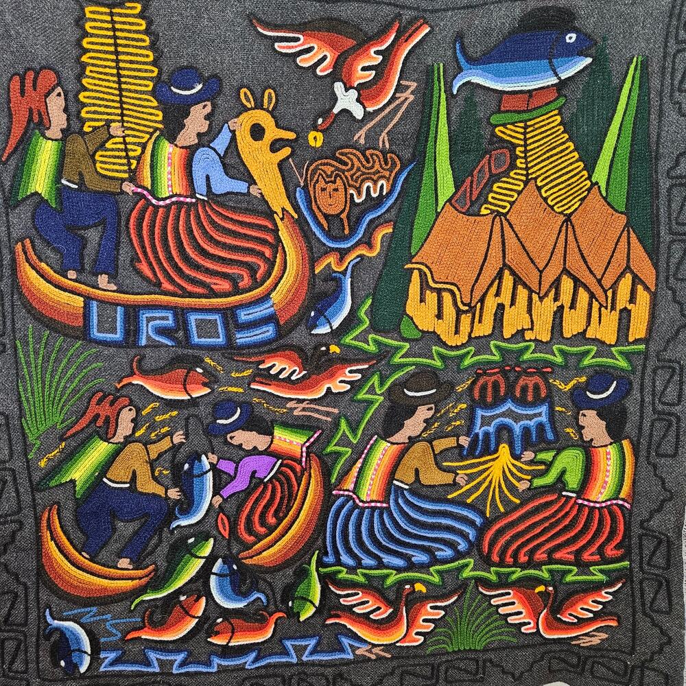 Ethnic‎ Folk Art Tapestry Wall Hanging Fishing Harvest Multicolor Embroidered